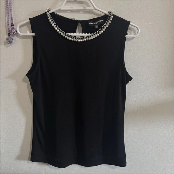 Karl Lagerfeld Women Halter Tank Top Pearls Chain Y2K Old Money Black Silky XS - Picture 1 of 6